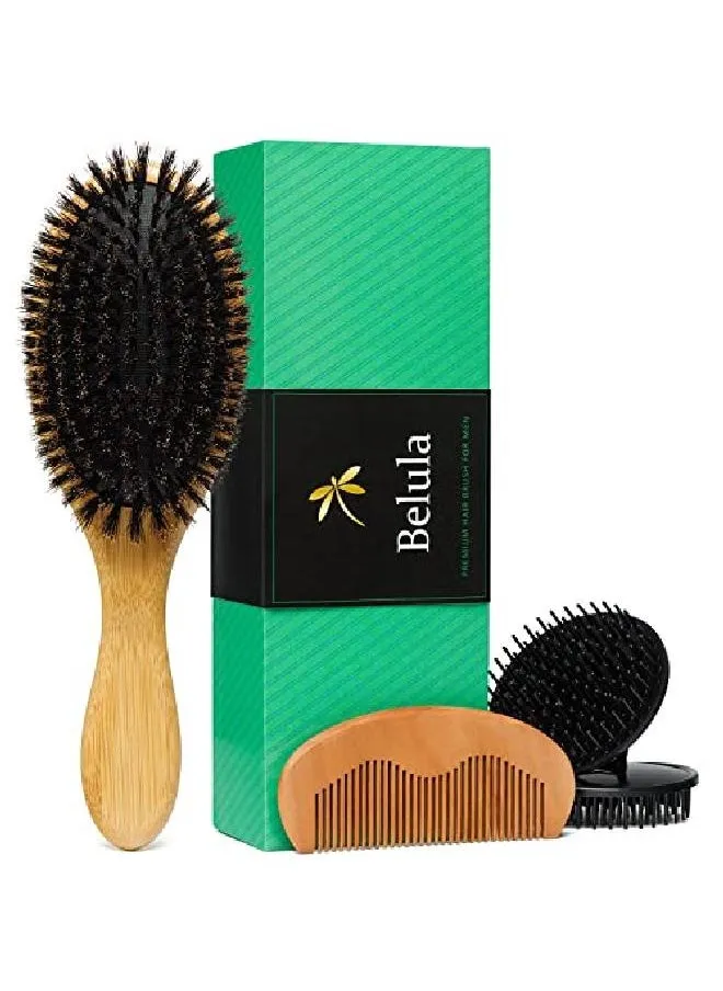 100% Boar Bristle Hair Brush For Men Set. Soft Hairbrush For Thin Normal And Short Hair. Boar Bristle Brush And Wooden Comb For Men. Free 2 X Palm Brush & Travel Bag Included.-1