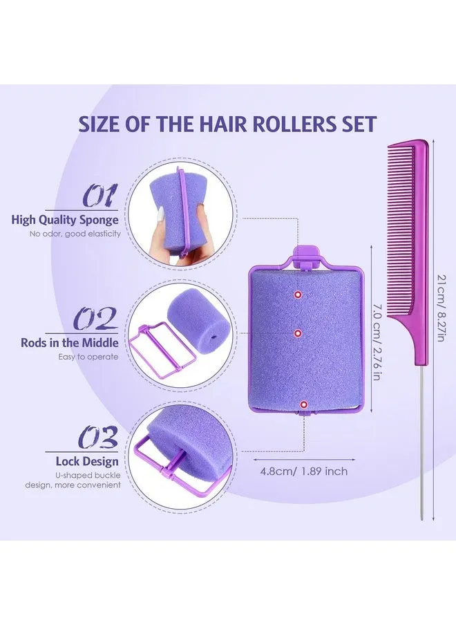 12 Pieces Foam Sponge Hair Rollers 1.89 Inch 4.8 Cm Soft Sleeping Hair Curler Flexible Hair Styling Sponge Curler And Stainless Steel Rat Tail Comb Pintail Comb For Hair Styling (Purple)-2