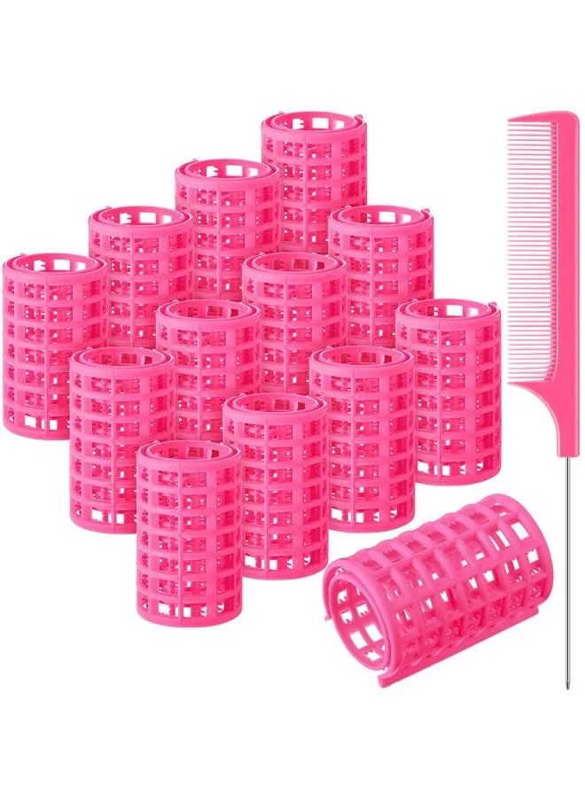 12 Pieces Hair Roller Large Size Plastic Hair Rollers Hair Curlers With Steel Pintail Comb Rat Tail Comb For Short Hair Long Hair Hairdressing Styling Tools (Pink6.8 X 3.6 Cm)-1