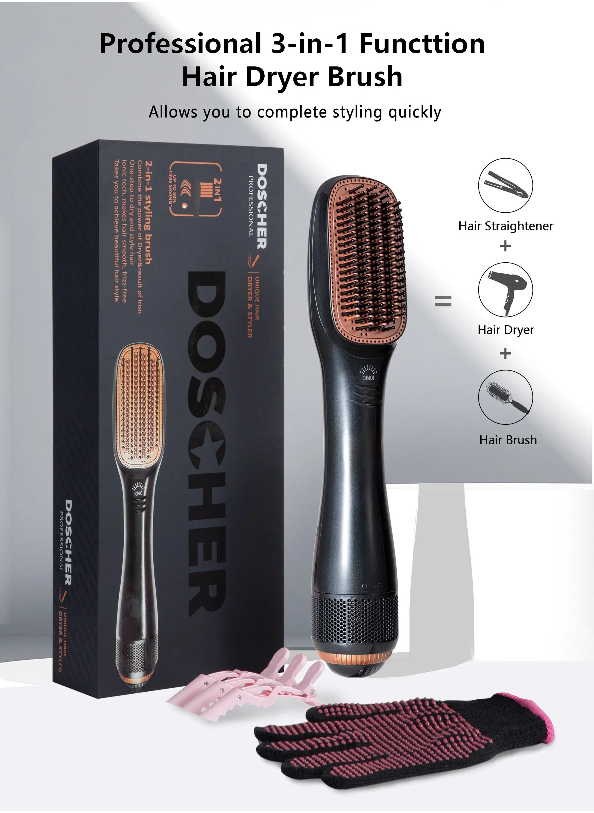 1200 Watt Hair Dryer Brush Ceramic Hair Straightener Dryer And Styler 2 In 1 with Gift Box-2