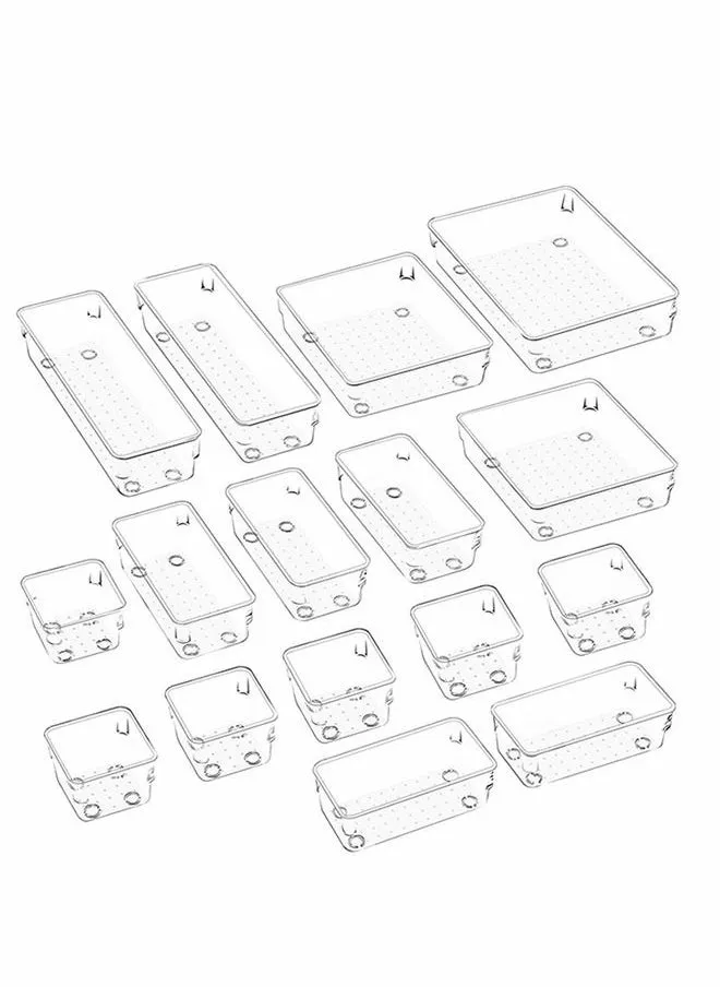 مجموعة منظمات درج واضحة مكونة من 16 قطعة بأحجام مختلفة من البلاستيك لتنظيم أدراج المكتب-1