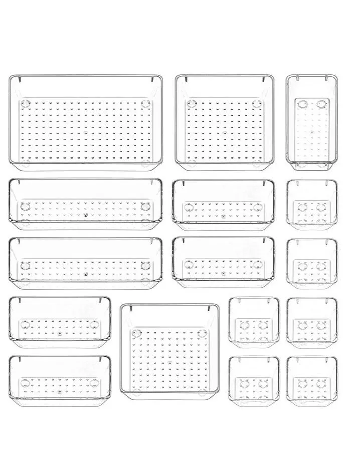 16 Pcs Desk Drawer Organizers Trays Set Clear Plastic Storage Bins Bathroom Drawer Tray Dividers Vanity Trays Organizer for Bedroom Dresser Makeup Kitchen Utensil Office-1