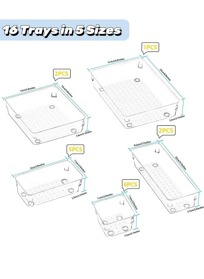 مجموعة صندوق تخزين واضحة من 16 قطعة ، منظم مستحضرات التجميل ، صينية بلاستيكية شفافة غير قابلة للانزلاق ، صينية تنظيم تخزين منفصلة للمطبخ / الحمام / المجوهرات / أدوات المائدة-2