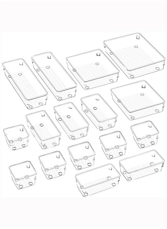 مجموعة من 16 منظم أدراج بلاستيكي شفاف، 5 أحجام من صواني تنظيم أدراج الزينة، صناديق تخزين مكتبية متعددة الاستخدامات لمستحضرات التجميل والمجوهرات والمكتب والحمام وغرفة النوم والمطبخ-1
