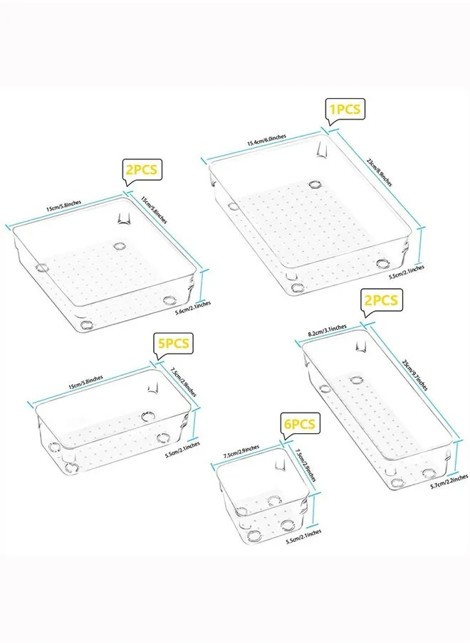 مجموعة من 16 منظم أدراج بلاستيكي شفاف، 5 أحجام من صواني تنظيم أدراج الزينة، صناديق تخزين مكتبية متعددة الاستخدامات لمستحضرات التجميل والمجوهرات والمكتب والحمام وغرفة النوم والمطبخ-2