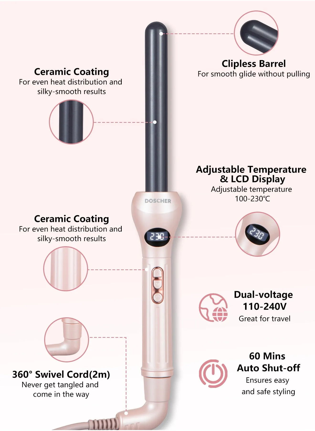 19mm Ceramic Curling Iron, Professional Clipless Hair Curler, Adjustable Temperature with LED Display & Ionic Technology for Smooth, Frizz-Free Curls-2