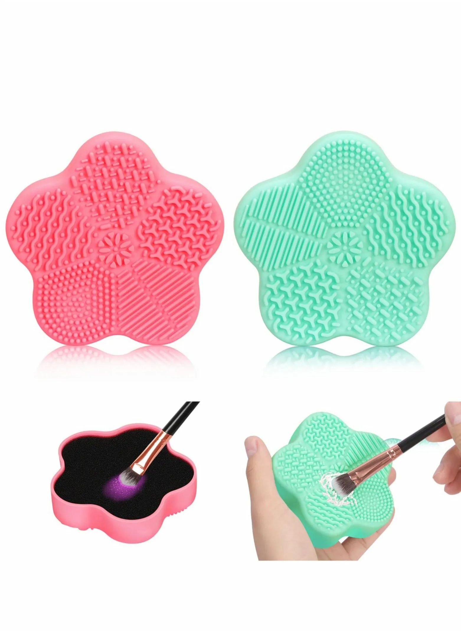 2 Pcs Makeup Brush Cleaning Mat, Cosmetic Brush Cleaning Pad with Color Removal Sponge, 2 in 1 Design Silicone Cleaner Box for Dry Brush Color Switch and Wet Cleaning, Flower Green & Pink-1