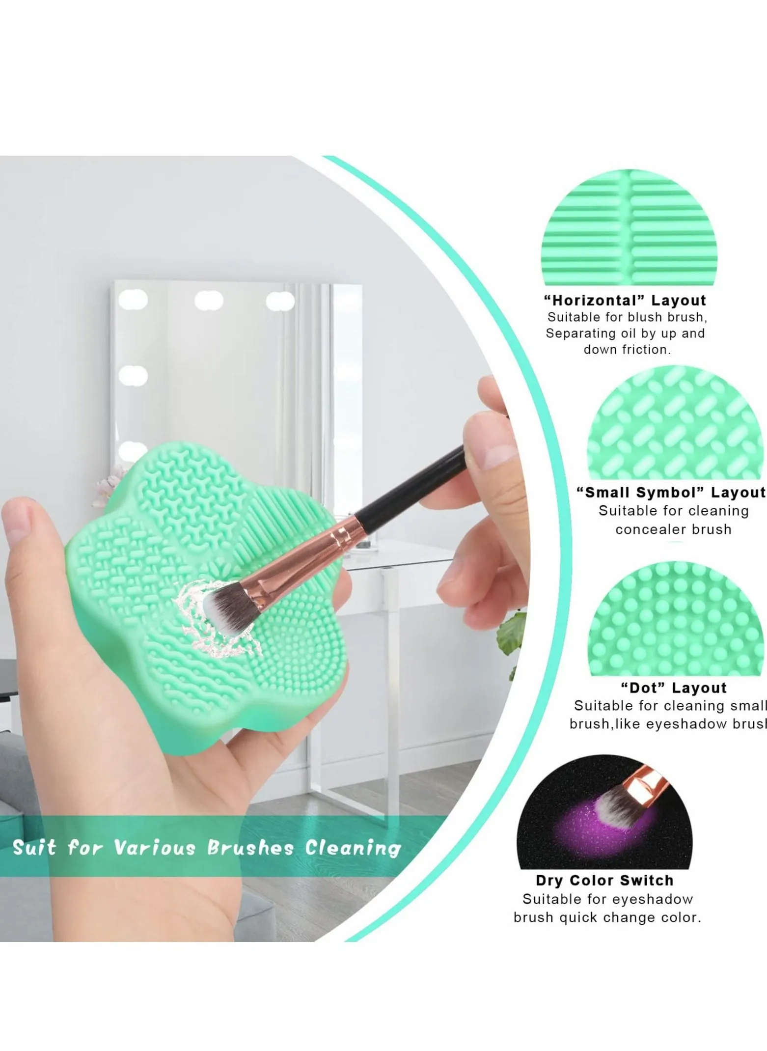 2 Pcs Makeup Brush Cleaning Mat, Cosmetic Brush Cleaning Pad with Color Removal Sponge, 2 in 1 Design Silicone Cleaner Box for Dry Brush Color Switch and Wet Cleaning, Flower Green & Pink-2