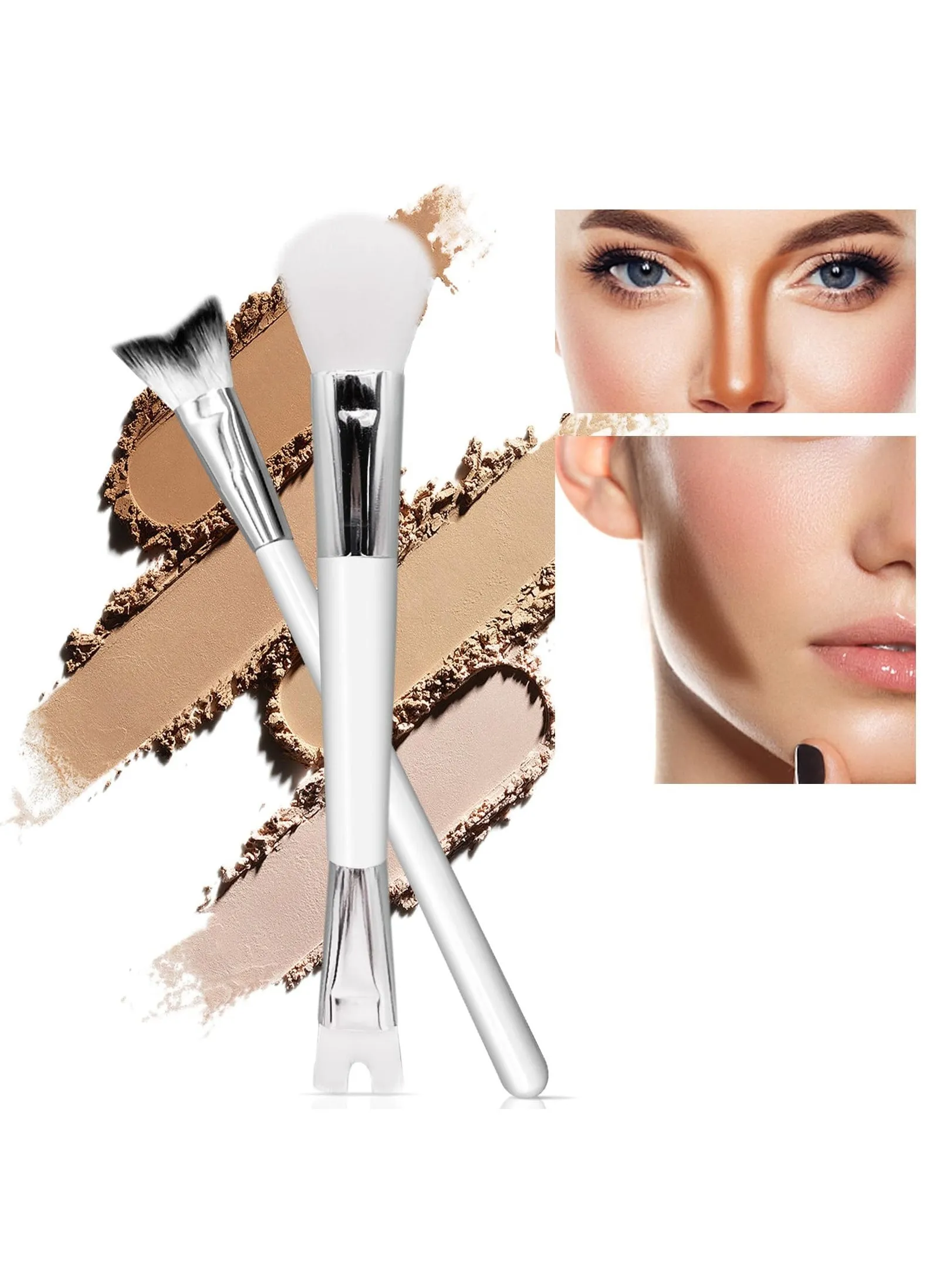 2 Pcs Nose Contour Brush Set, Double Sided 2 in 1 U-Shaped Contouring Brush with Fluffy Powder Brush, V-Shaped Contour Makeup Brush for Sculpting Defining Highlighter Cheekbones-1