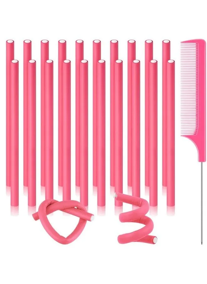 20 Pieces Flexible Curling Rods Twist Foam Hair Rollers Soft Foam No Heat Hair Rods Rollers Curlers And Steel Pintail Comb Rat Tail Comb For Women Girls Long And Short Hair (Dark Pink0.31 X 9.4 Inch)-1