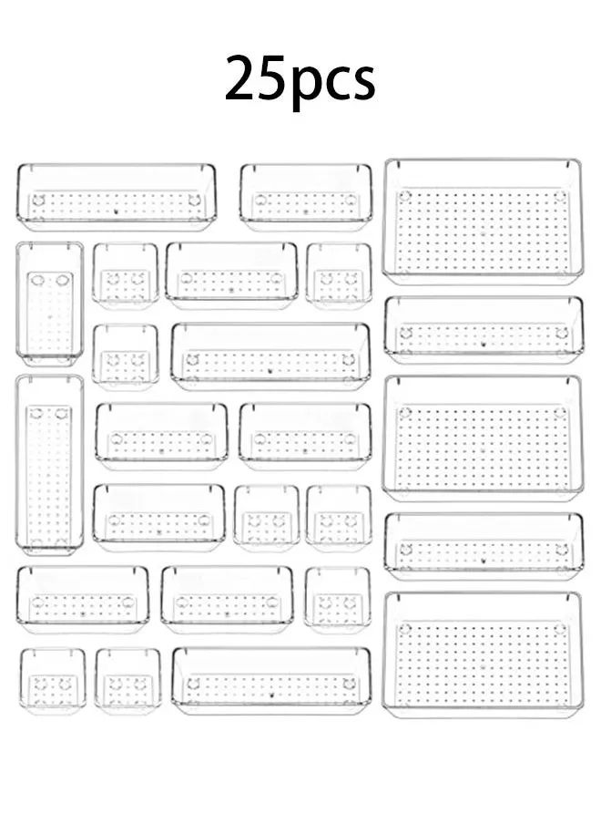 مجموعة من 25 قطعة من منظمات أدراج المكتب، صواني تخزين شفافة من البلاستيك، مقسمات أدراج للحمام، منظمات صواني لغرفة النوم، خزانة الزينة، أدوات المطبخ، والمكتب-1