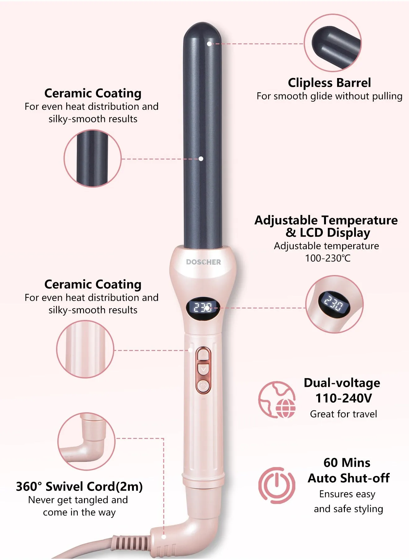 25mm Ceramic Curling Iron, Professional Clipless Hair Curler, Adjustable Temperature with LED Display & Ionic Technology for Smooth, Frizz-Free Curls-2