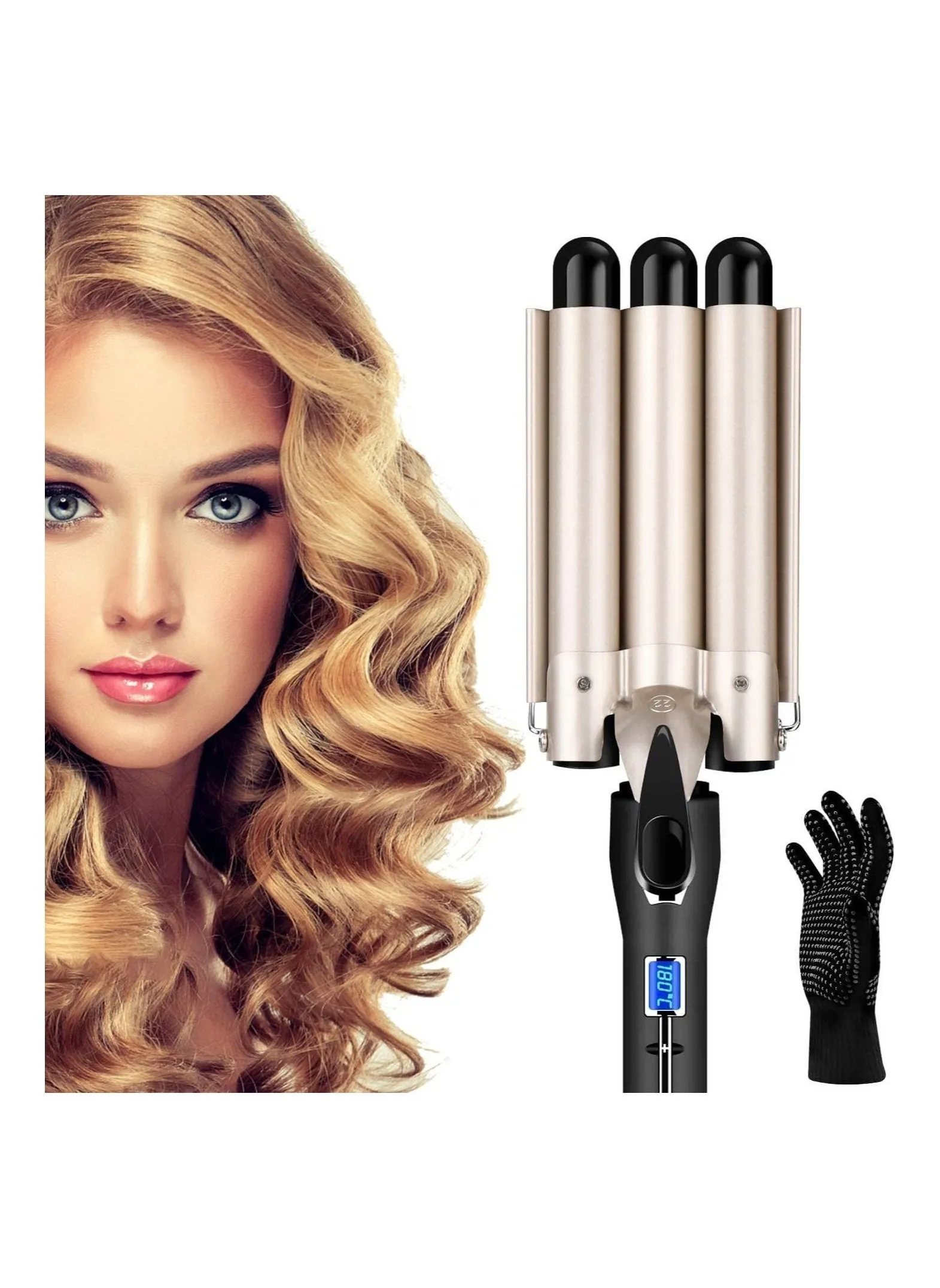 3 Barrel Hair Curler Waver with LCD Temp Display,Hair Waving Styling Tool,Fast Heating Triple Barrel Hair Curling Iron, Tourmaline Ceramic Curling Wand Roller for Long Short Hair,Luxury Gold-1