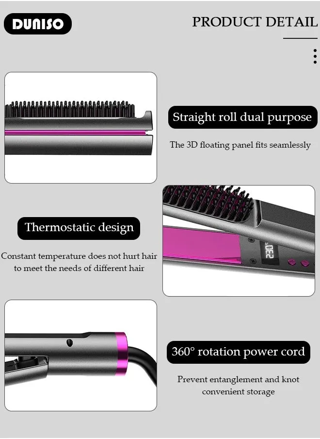 3 في 1 مكواة شعر أيون، مشط مملس شعر مع شاشة LCD لعرض درجة الحرارة لتنعيم وتجعيد الشعر، فرشاة مملس شعر مع 5 إعدادات للحرارة ومضادة للحروق لجميع أنواع الشعر-2
