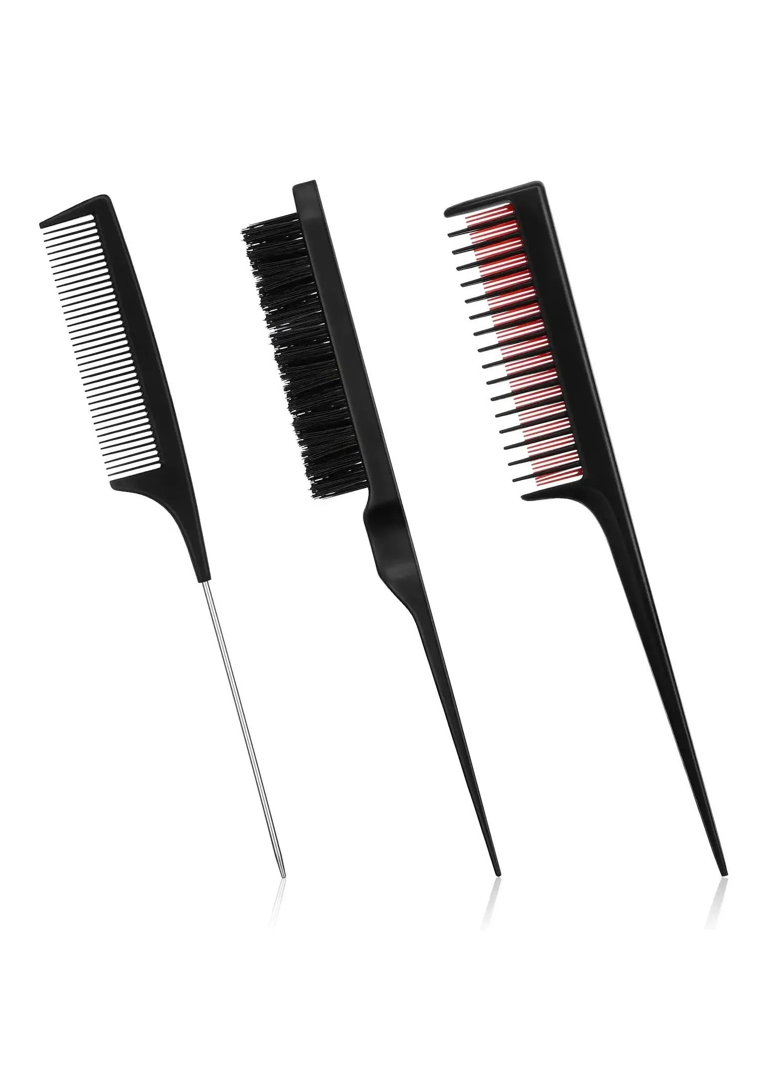 3 pcs Hair Styling Comb Set, Includes Hair Brush Teasing Fluffy Hair Brush, Rat Tail Comb Teasing Comb and Barber Combs for Women Back Combing Hair (Black, Red)-1