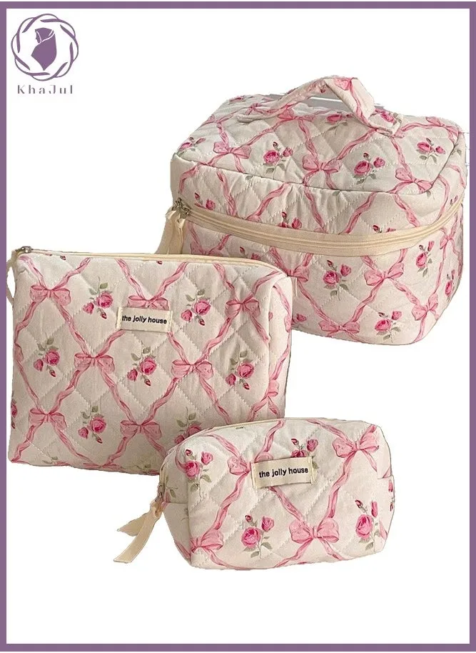 3-Piece Large Quilted Makeup Bag for Women and Girls, Lovely Floral Cotton Cosmetic Bag, Aesthetic Travel Organized Toiletry Bags (Pink Bows)-1