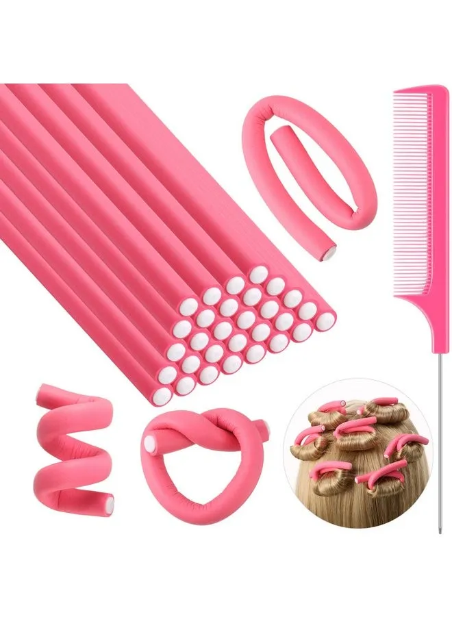 30 Pieces Flexible Curling Rods Twist Foam Hair Rollers Soft Foam No Heat Hair Rods Rollers And 1 Steel Pintail Comb Rat Tail Comb For Women Girls Long And Short Hair (Pink 7 X 0.3 Inch)-1