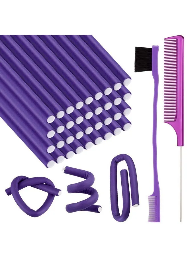 36 Pieces Flexible Foam Curling Rods Twist Foam Hair Roller Bendy Rollers Soft No Heat Hair Rollers And Hair Edge Brush Rat Tail Comb For Women Girls Short Medium Long Hair (Purple0.32 X 9.4 Inch)-1