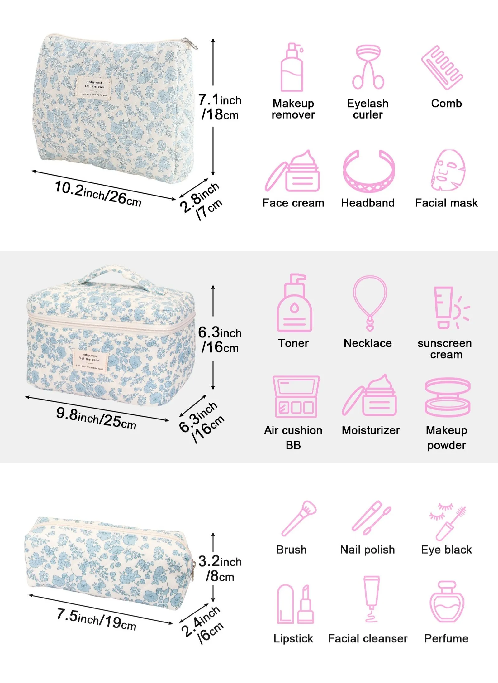 مجموعة حقيبة مكياج مكونة من 3 قطع، حقيبة مكياج مبطنة من القطن، حقيبة مستحضرات تجميل كبيرة للسفر مزينة بالزهور، حقيبة أدوات تجميل للسفر مزينة بالزهور، حقيبة أدوات تجميل جميلة للنساء والفتيات-2