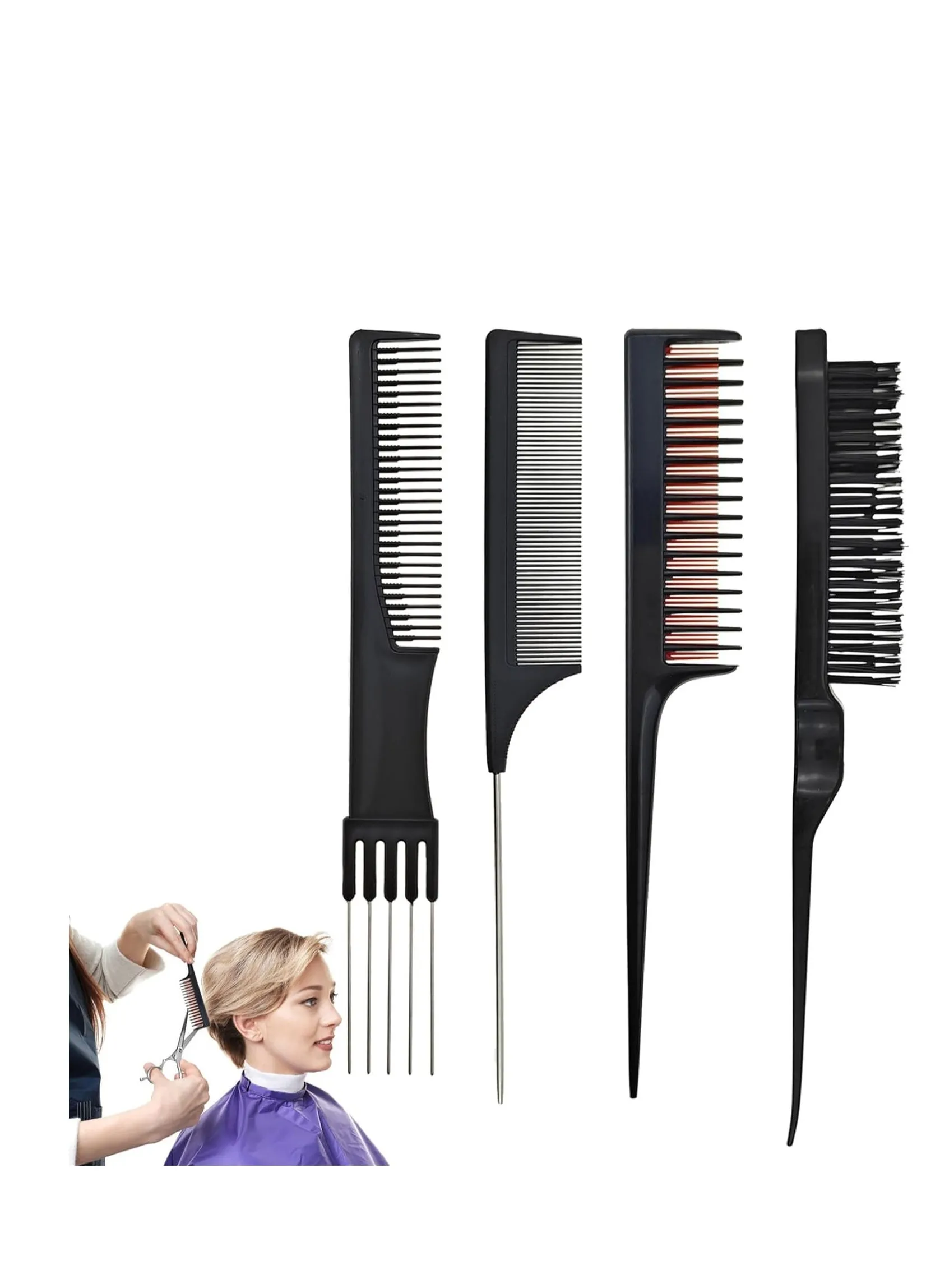 4 PACK Pick Teasing Combs Hair Brush Set Carbon Lift Triple Pin Rat Tail Comb, Nylon Bristle Hair Comb Brush for All Hair Types Barber Supplies-1