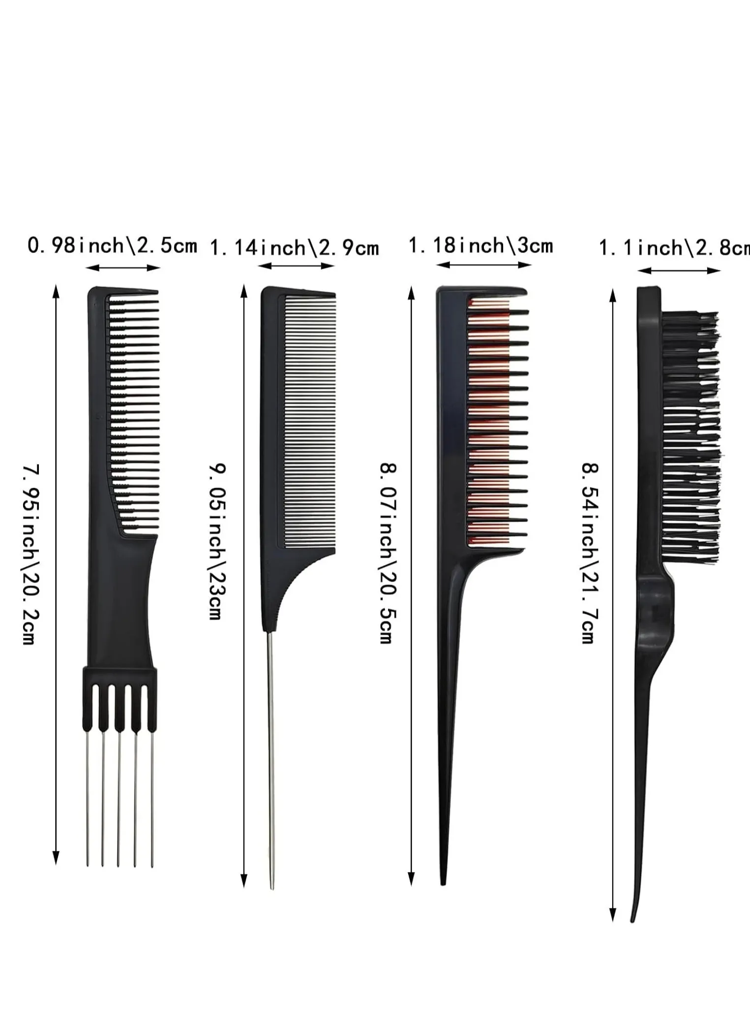 4 PACK Pick Teasing Combs Hair Brush Set Carbon Lift Triple Pin Rat Tail Comb, Nylon Bristle Hair Comb Brush for All Hair Types Barber Supplies-2