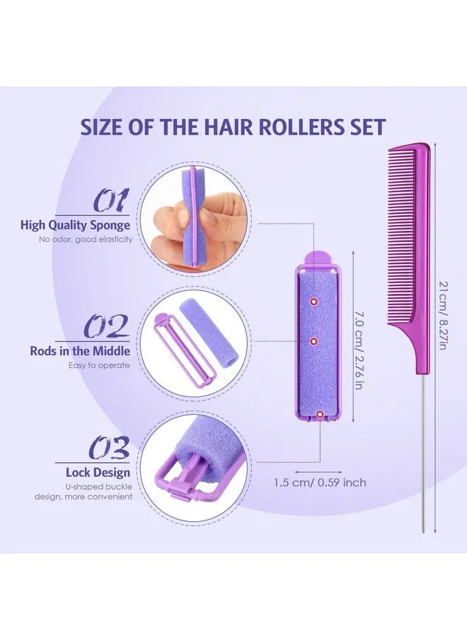 43 Pieces Foam Sponge Hair Rollers Set Includes 42 Pieces Soft Sleeping Hair Curlers Flexible Hair Styling Sponge Curler And Stainless Steel Rat Tail Comb Pintail Comb For Hair Styling (Purple)-2