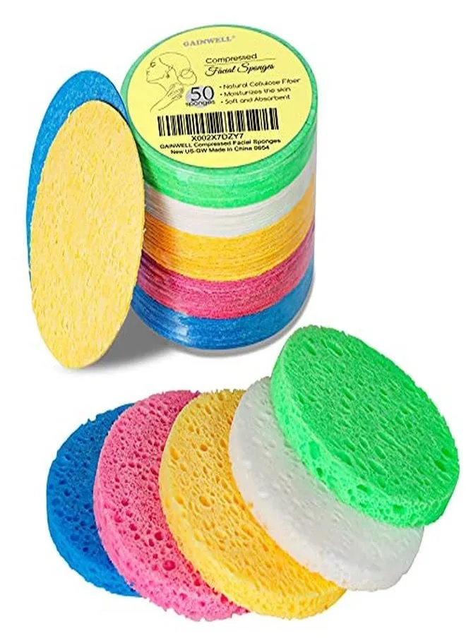 5-Colored Natural Compressed Facial Sponges, For Facial Cleansing, Reusable & Eco-Friendly, 50 Pcs-1