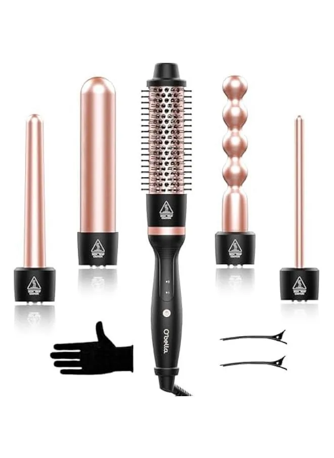 5 in 1 Curling Iron Set with Thermal Brush and 4 Interchangeable Ceramic Curling Wands, Instantly Heating Hair Curler with 2 Temperatures-1