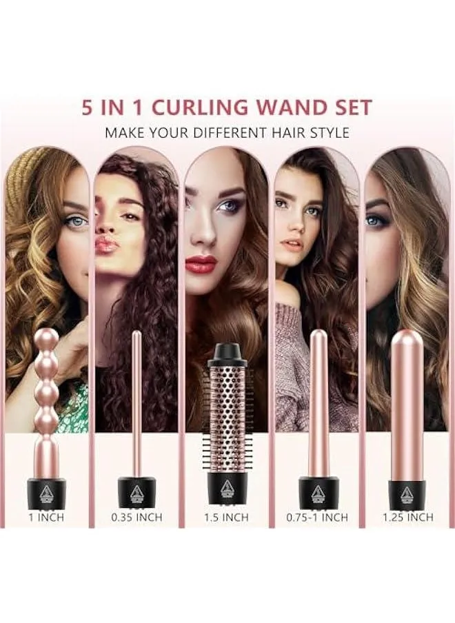 5 in 1 Curling Iron Set with Thermal Brush and 4 Interchangeable Ceramic Curling Wands, Instantly Heating Hair Curler with 2 Temperatures-2