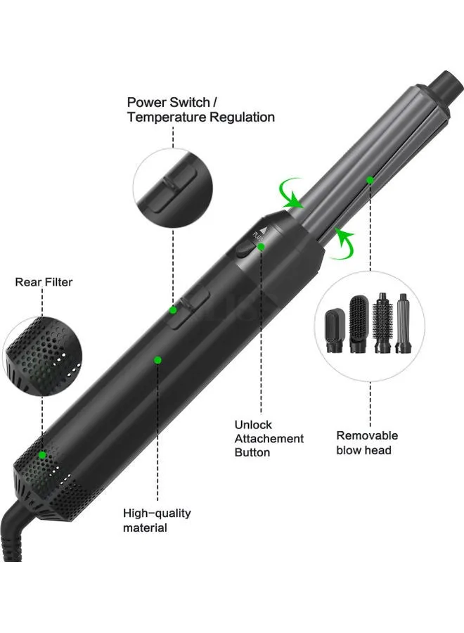 جهاز تمليس شعر ومجفف شعر دوار للتجفيف وتكبير الحجم 5 في 1 مع مشط وفرشاة تجعيد أسود 28 x 22 x 5سم-2