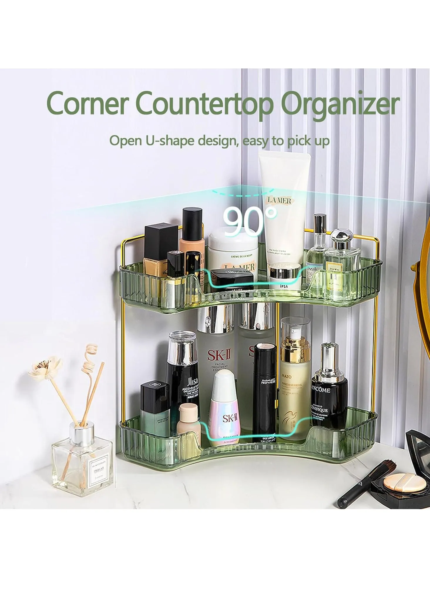 90° Corner Bathroom Counter Organizer,Vanity Trays for Skincare Makeup Storage Shelf，Perfume and Cosmetic Dresser Organizer,Countertop,Kitchen Spice Rack (2 Tiers)-2