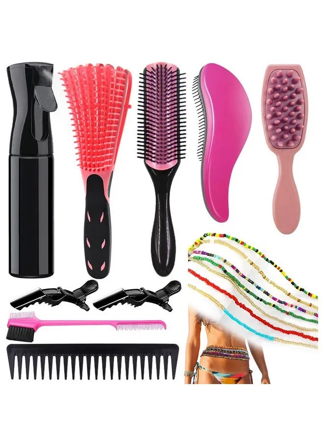 9Pcs Detangling Brush Set For Black Natural Hair Curly Hair Brush For Afro America/African Hair 3A To 4C Texture Detangling Brush Easier And Faster Detangling On Wash Days With African Waist Beads-1