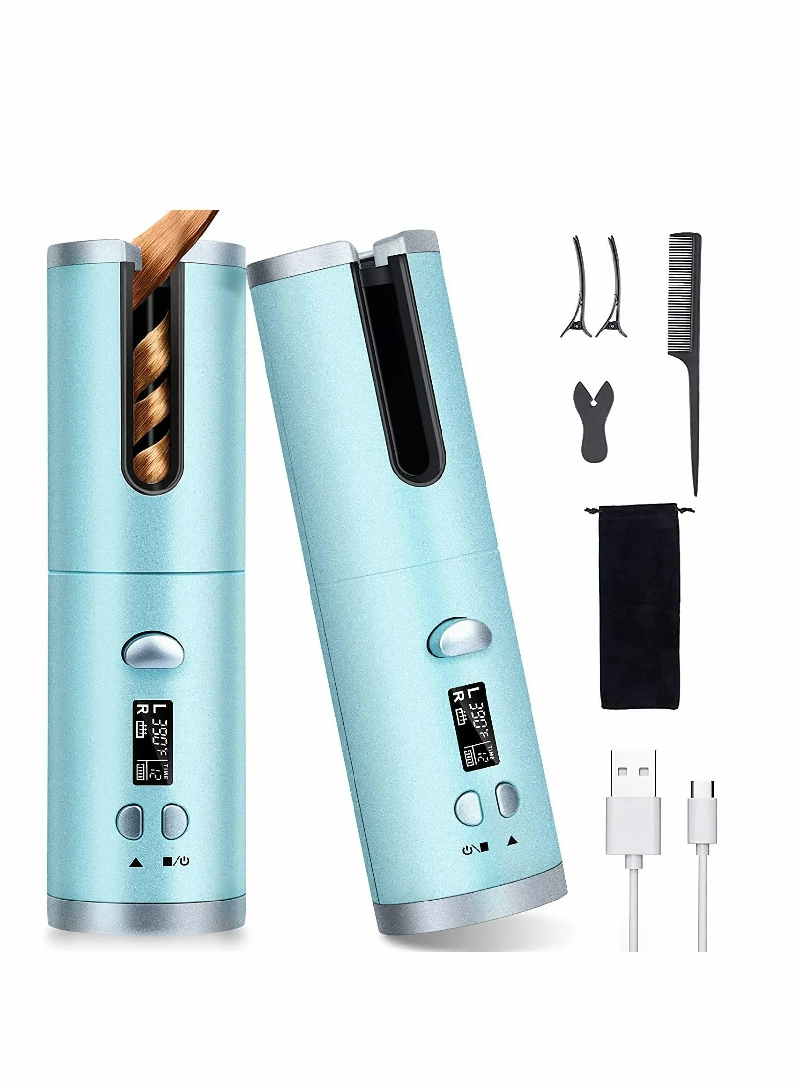 Automatic Hair Curler Anti-Tangle Wireless Auto Curling Iron Wand Portable USB Rechargeable Spin Curler Ceramic Barrel Rotating for Long Hair Fast Heating for Hair Styling Hair Styling Tools(Blue)-1