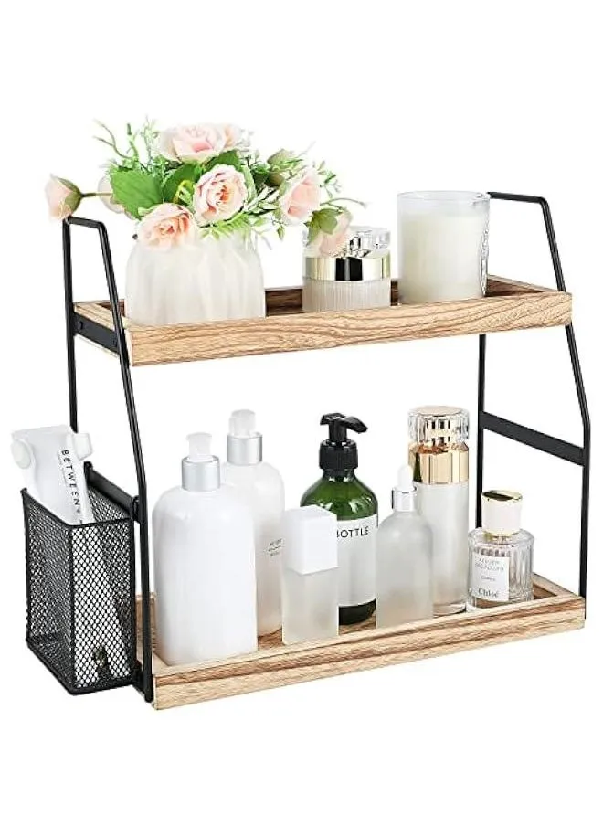 Bathroom Organizer Countertop, 2-Tier Standing Counter Shelf with Basket, Wood Tray for Kitchen Vanity Organizer-1