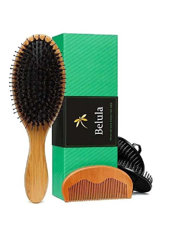 Boar Bristle Hair Brush For Men Set.Styling Mens' Hair Brush With Nylon Pins. Boar Bristle Brush 2 X Palm Brush Wooden Comb & Travel Bag Included.-1