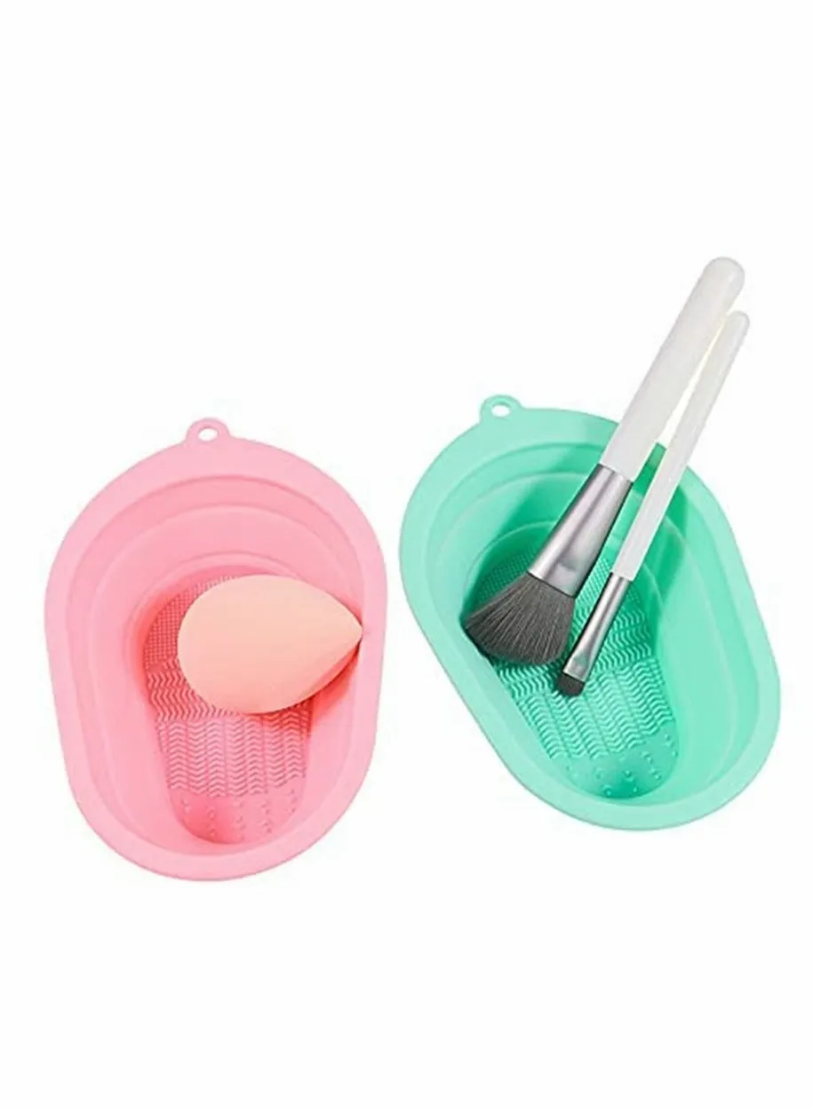 Brush, Makeup Brush Cleaning Mat, Silicone Makeup Brush Scrubber, Cosmetic Brush Cleaner, Brush Cleaning Pad, Foldable Makeup Brush, for Makeup Brush, Makeup Sponge (Pink & Green)-2