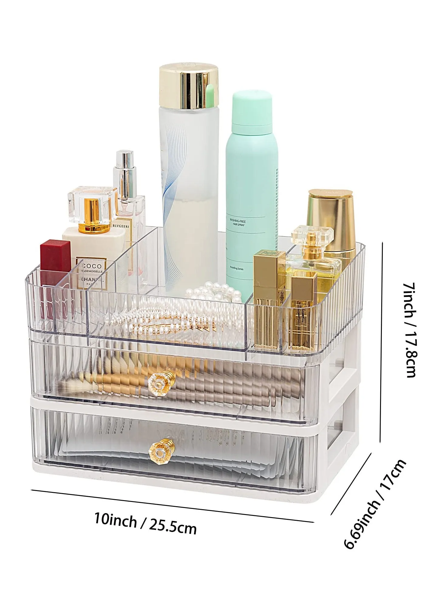 منظم مستحضرات التجميل الشفاف للمكياج، درجان للتخزين الشفاف لتنظيم لوحات المكياج، وطلاء الأظافر، وإكسسوارات الشعر، ومستحضرات التجميل ومستلزمات التجميل، للزينة، ومنظم الحمام-2