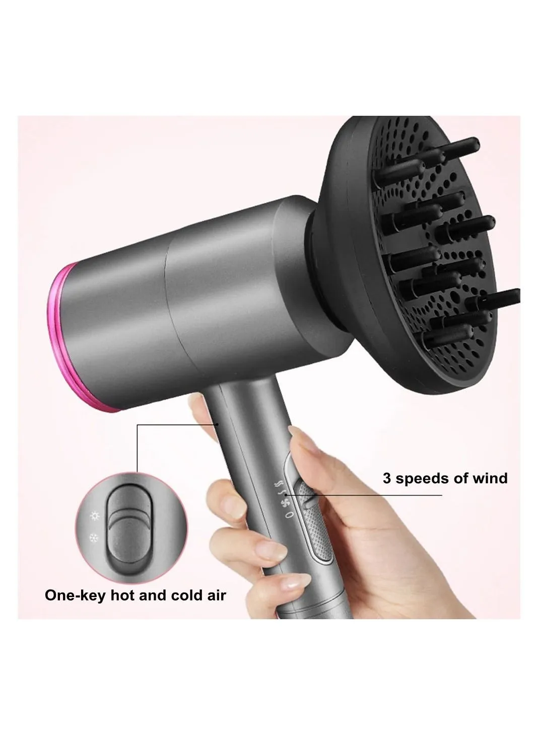 COOLBABY Hair Dryer Household 2000W High Power Negative Ion Hair Dryer Hot and Cold Air Conversion 3 Wind Speed Adjustment 3 Nozzles-2