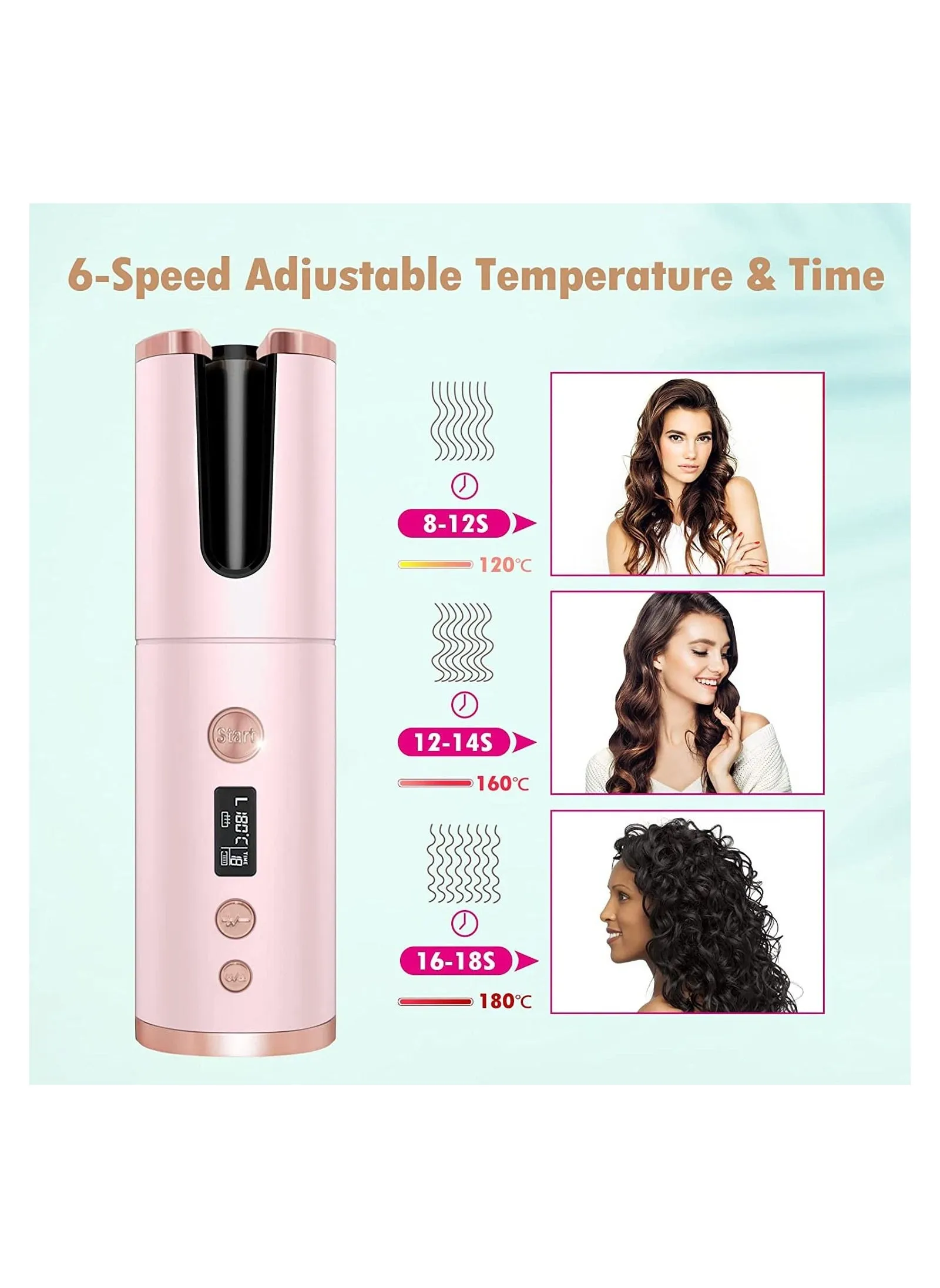 Cordless Automatic Curling Iron, Auto Curling Iron with LCD Display Adjustable Temperature & Timer, Portable Ceramic Hair Curler USB Charging and Rechargeable (Pink)-2