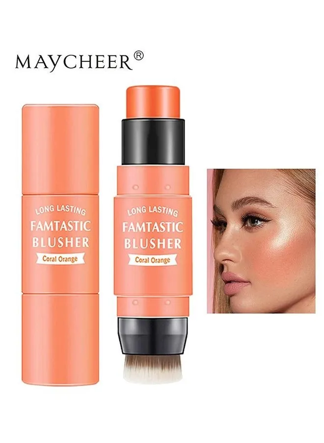 Cream Blush Stick with Brush, Waterproof Blush Makeup, Long Lasting 2 In 1 Cheek Blush & Lip Tint & Eye Shadow Makeup Stick, Cream Blush Makeup for All Skin Tones（Coral）-2