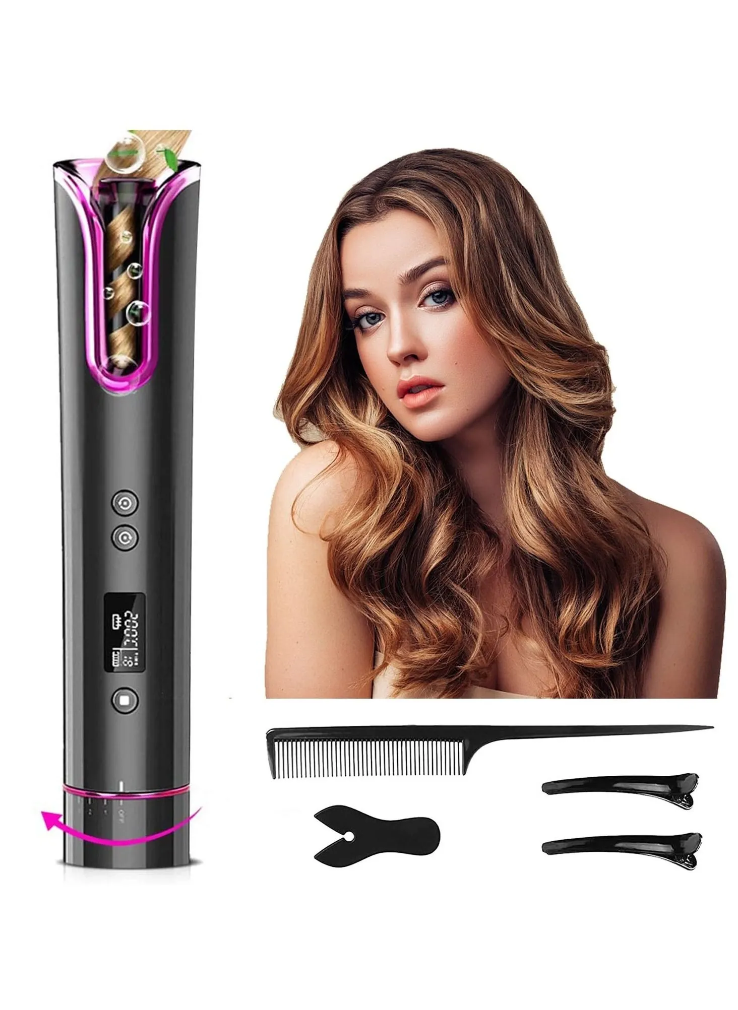 Curling Iron, Cordless Automatic Curling Iron Fast Heating Ceramic Barrel Adjustable Temperature with LCD Display, Portable Home Travel Styler (Gray)-1