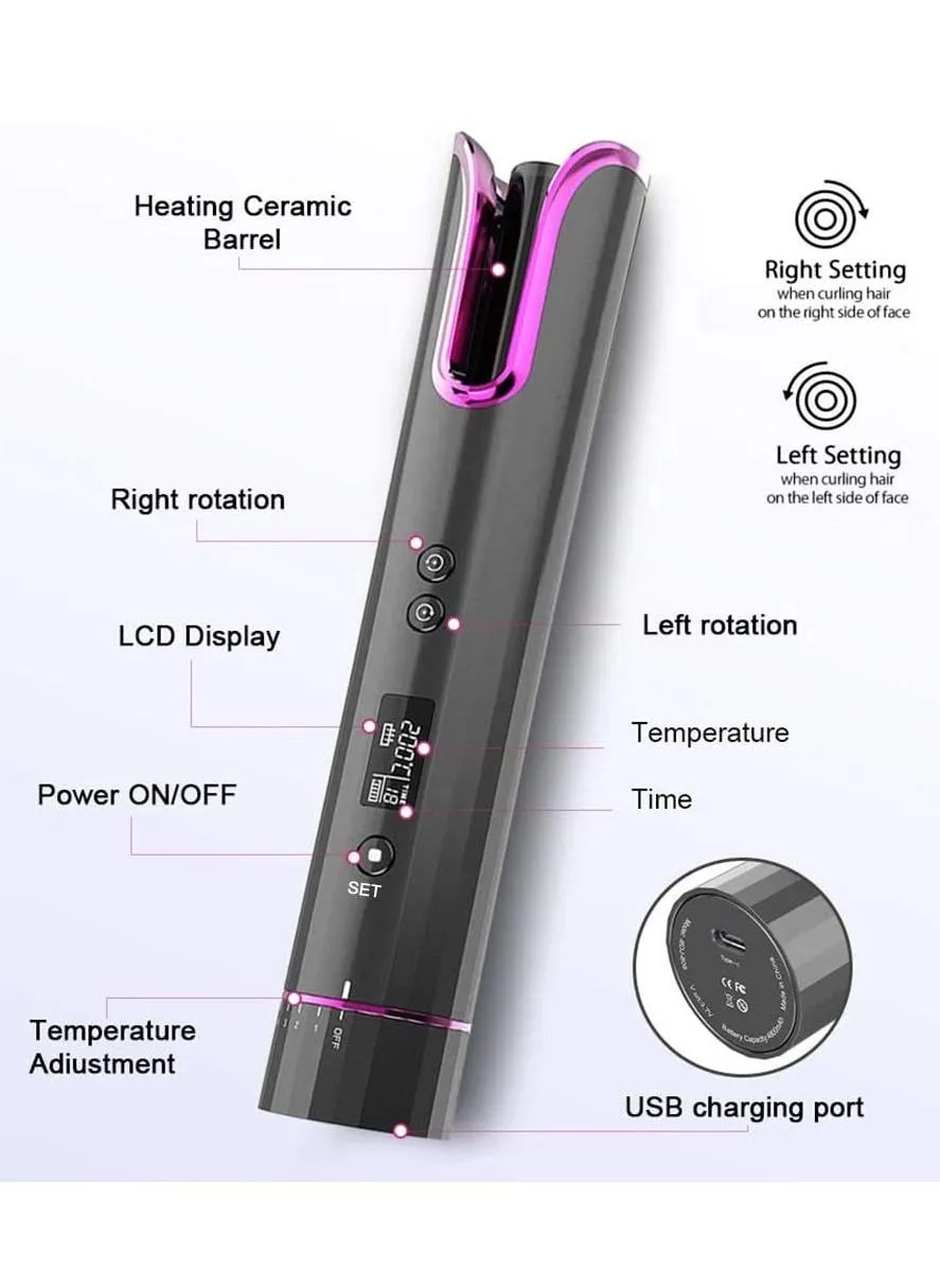 Curling Iron, Cordless Automatic Curling Iron Fast Heating Ceramic Barrel Adjustable Temperature with LCD Display, Portable Home Travel Styler (Gray)-2