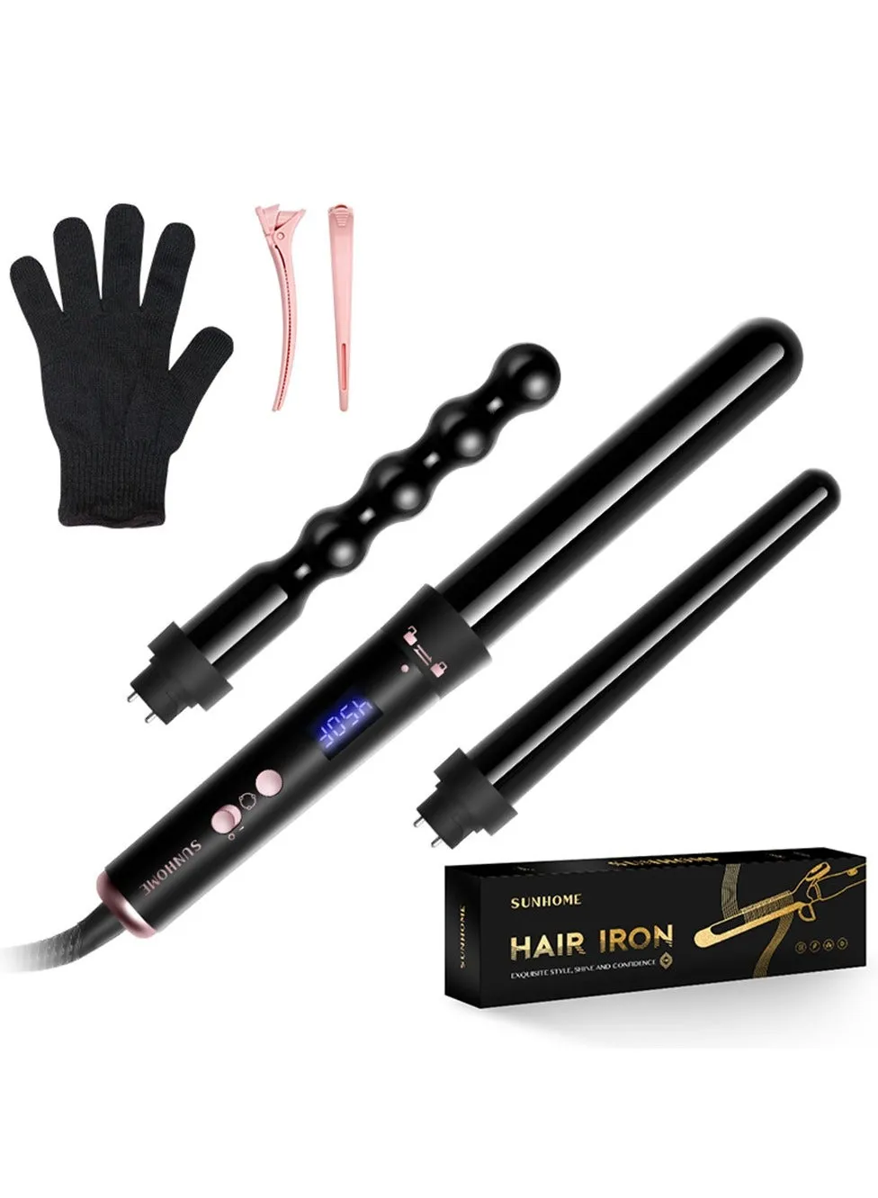 Curling Wand Set, 3 in 1 Hair Curler with 3 Interchangeable Curling Wand Ceramic Barrel(15-32mm), with LED Temperature Adjustment and Heat Up, Hair Curler Include Heat Resistant Glove Black-1-1