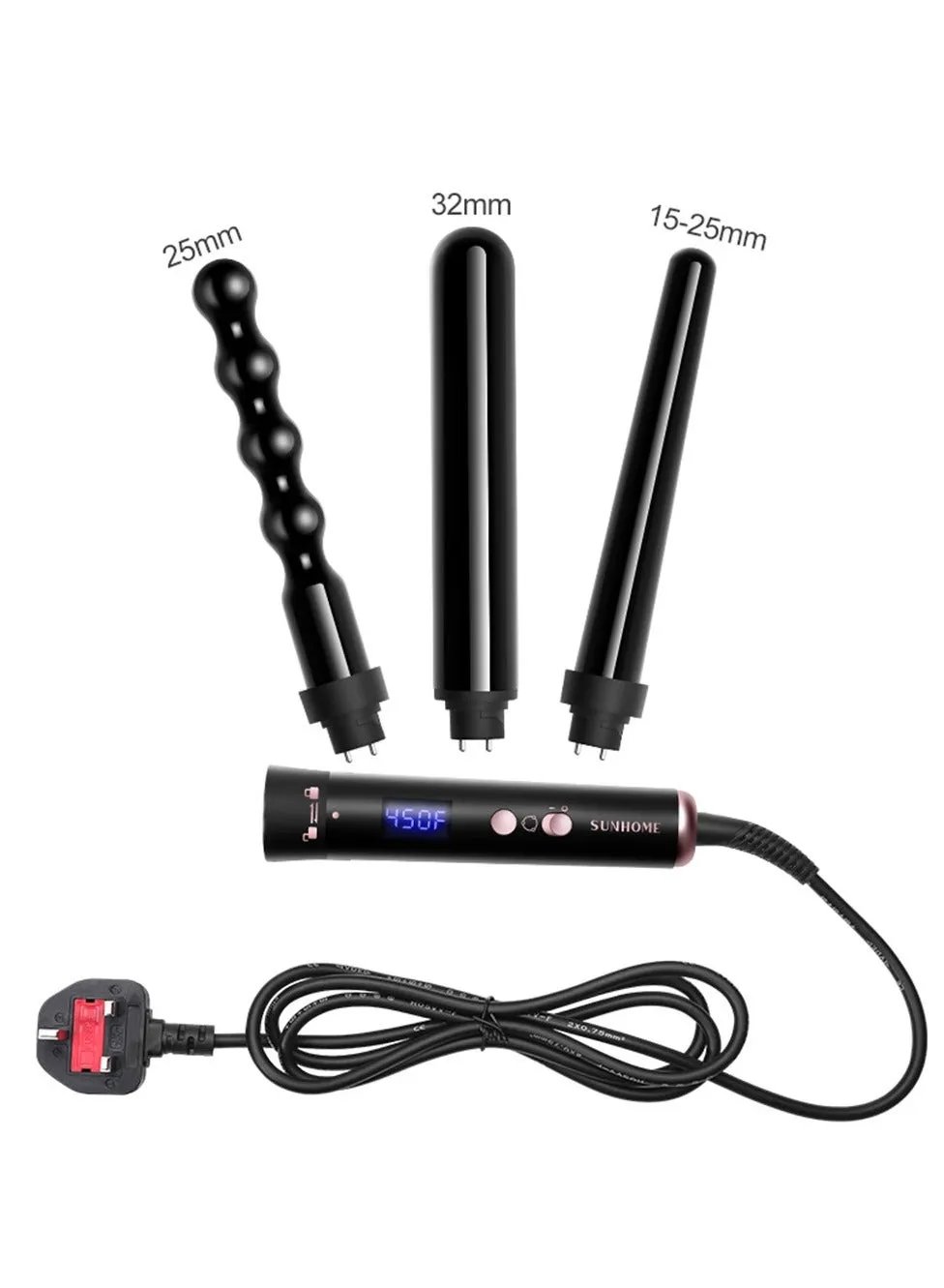 Curling Wand Set, 3 in 1 Hair Curler with 3 Interchangeable Curling Wand Ceramic Barrel(15-32mm), with LED Temperature Adjustment and Heat Up, Hair Curler Include Heat Resistant Glove Black-1-2