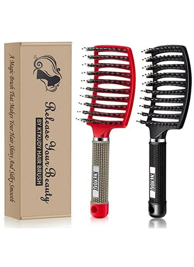 Detangling Brush Boar Bristles Set Hair Brush Curved And Vented Speed Dry Detangler Brush For Women Men Kids Wet And Dry Hair (Red&Black)-1