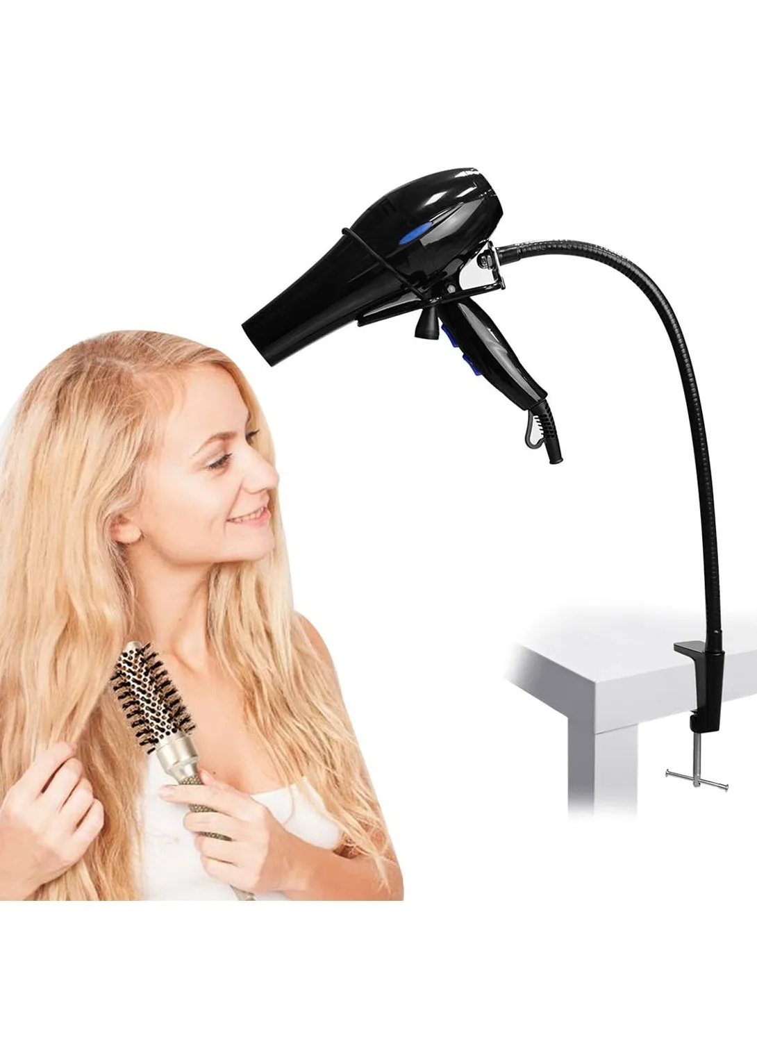 Hair Dryer Holder, Hands Free Blow Dryer Holder, Stainless Steel Hair Dryer Stand Clamp Mount for Countertop, Adjustable Blow Dryer Stand for Dog Grooming Makeup Table Arm with Clamp (Black)-1