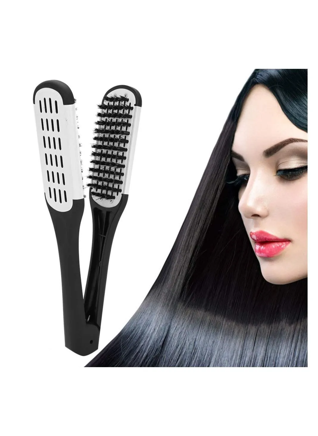 Hair Straightener Brush Hair Straightening Comb Double Sided Brush Clamp Straightener Anti-static Dual-Brush Comb Professional V Shaped Clamp Styling Comb Hairdressing Tool for Home and Travel-1