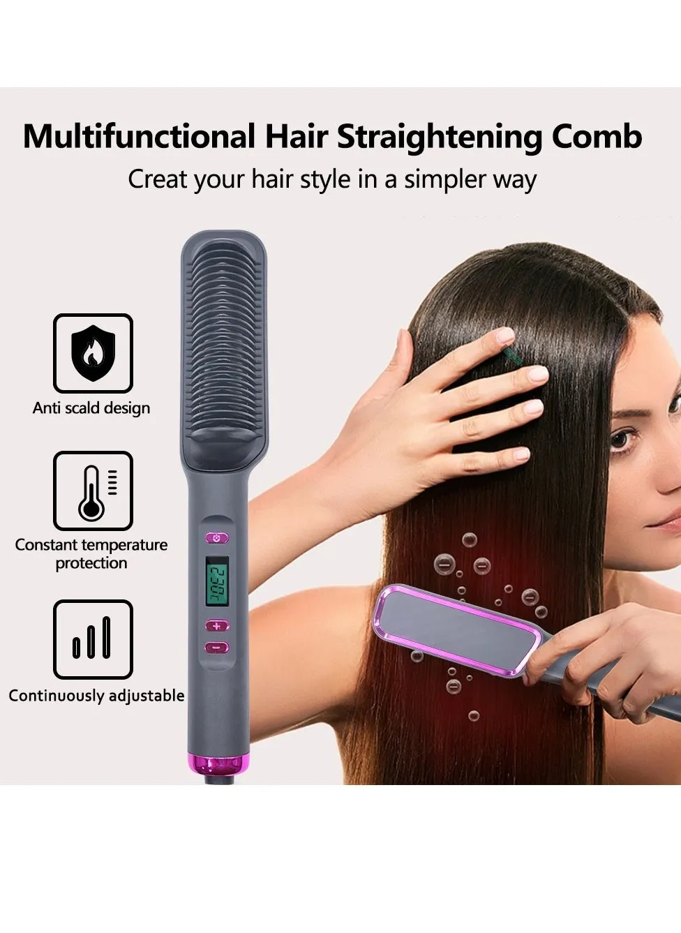 Hair Straightener Brush, Negative Ion Hair Straightener Styling Comb, Multifunctional Fast Heating Electric Hot Comb, Anti Scalding Hair Styling Tool For Home Travel (Grey)-2