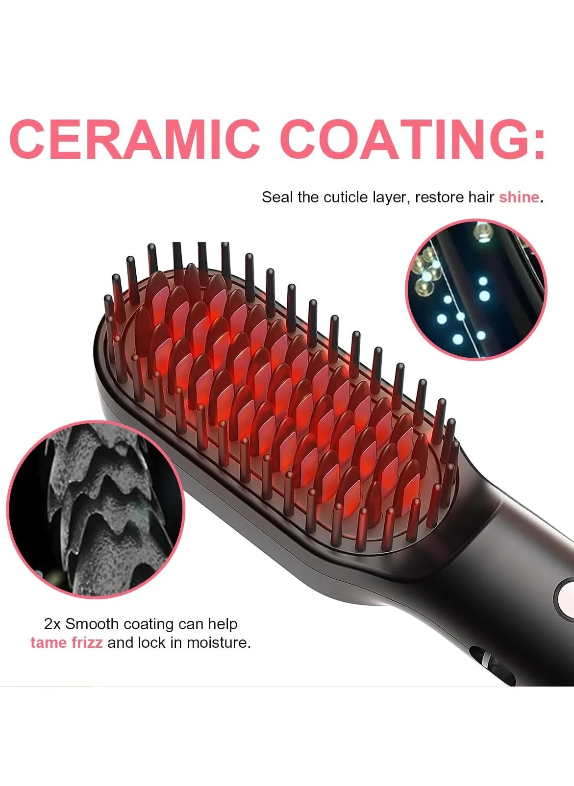 Hair Straightener Brush - Portable Hot Comb for Travel, Negative Ion Straightening Iron with Built-in Comb, 3 Temp Settings, Anti-Scald-2