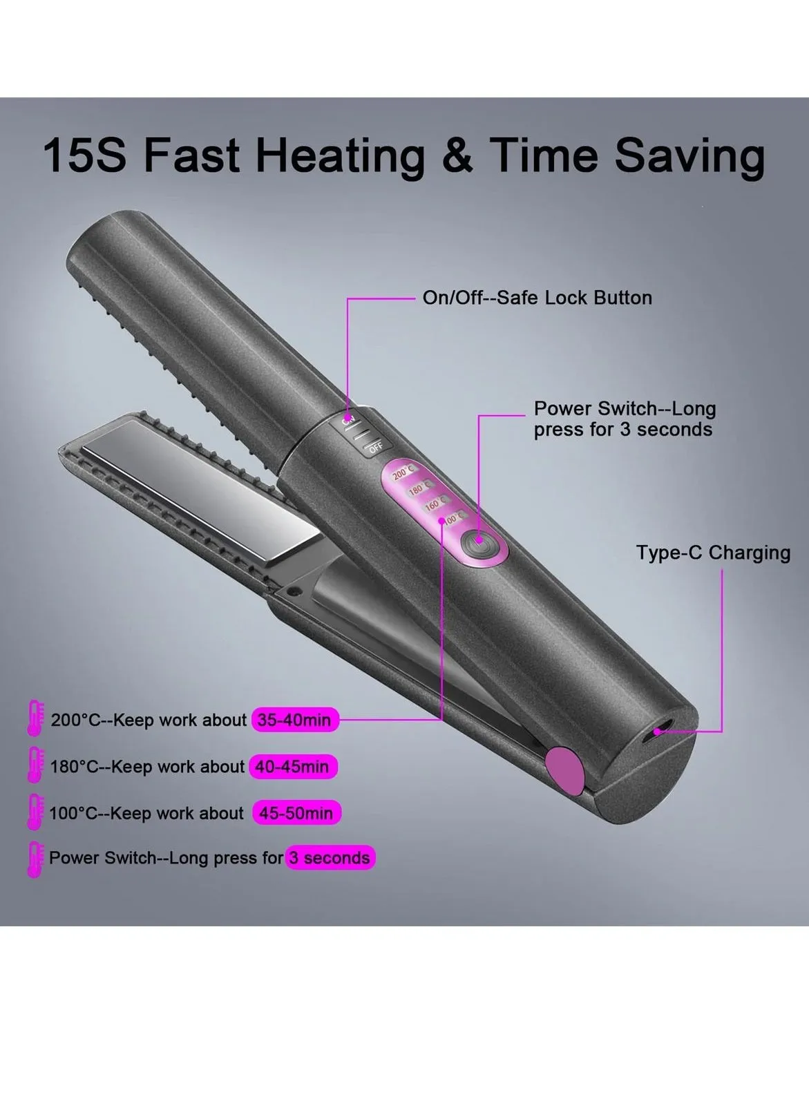 Hair Straightener Curler Portable Travel Iron Ceramic 8 Inch, Anti-Scald 3-Level Adjustable Temperature Straightening with 110-220V, Heats Up Fast-2